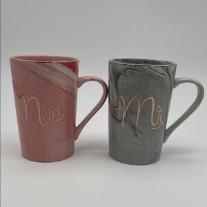 Mr & Mrs Mugs Pink & Gray with Marble Finish & Gold Lettering & Trim (Set of 2)